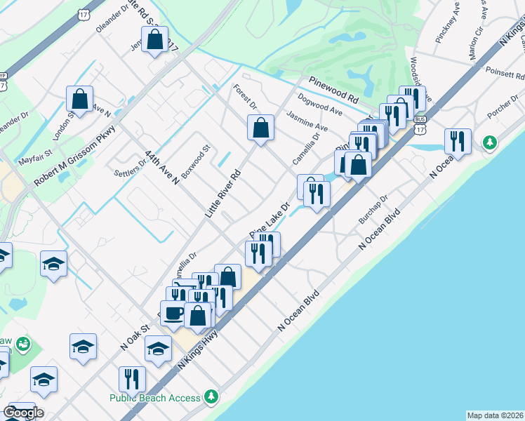 map of restaurants, bars, coffee shops, grocery stores, and more near 4504 Camellia Drive in Myrtle Beach