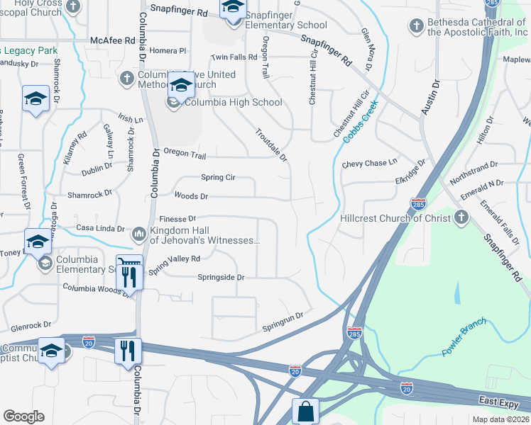 map of restaurants, bars, coffee shops, grocery stores, and more near 3556 Finesse Drive in Decatur
