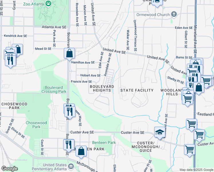map of restaurants, bars, coffee shops, grocery stores, and more near 765 Dunlop Way in Atlanta