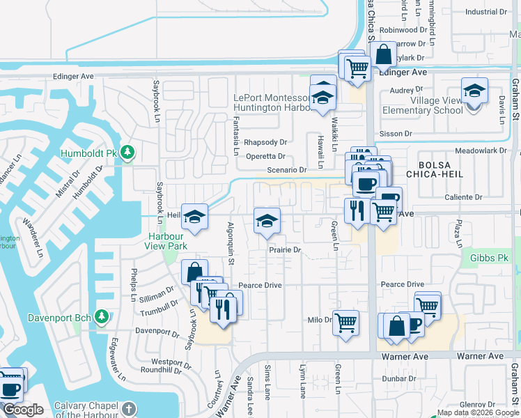 map of restaurants, bars, coffee shops, grocery stores, and more near 4612 Via Vista Circle in Huntington Beach