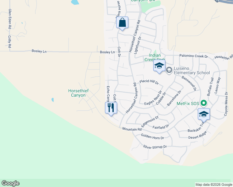 map of restaurants, bars, coffee shops, grocery stores, and more near 13119 Gold Rush Drive in Corona