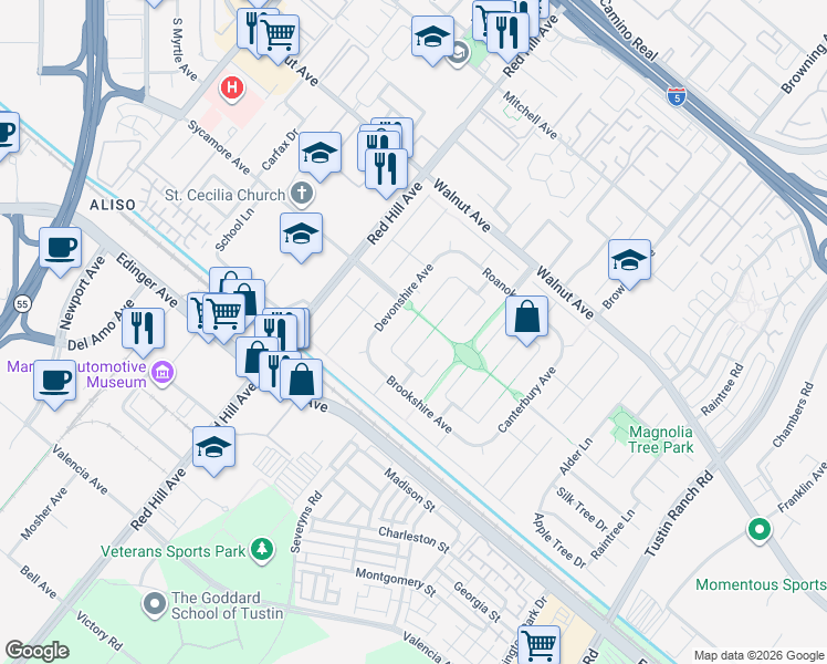 map of restaurants, bars, coffee shops, grocery stores, and more near 14772 Branbury Place in Tustin
