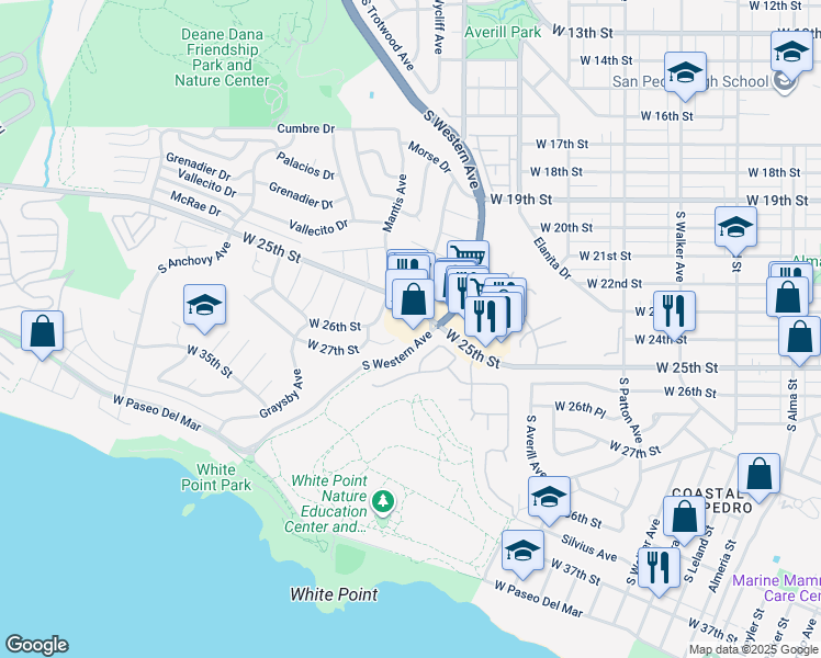 map of restaurants, bars, coffee shops, grocery stores, and more near 1609 West 25th Street in Los Angeles