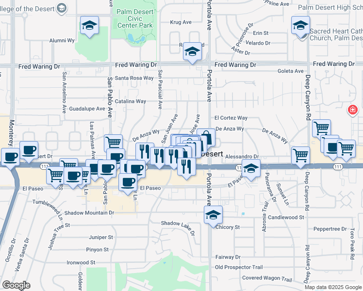 map of restaurants, bars, coffee shops, grocery stores, and more near 44815 San Jose Avenue in Palm Desert