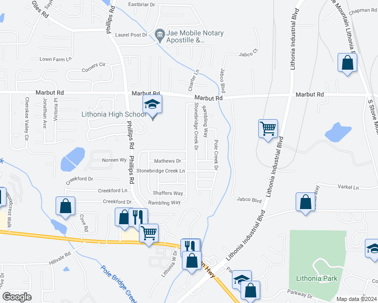 map of restaurants, bars, coffee shops, grocery stores, and more near 2647 Rambling Way in Lithonia