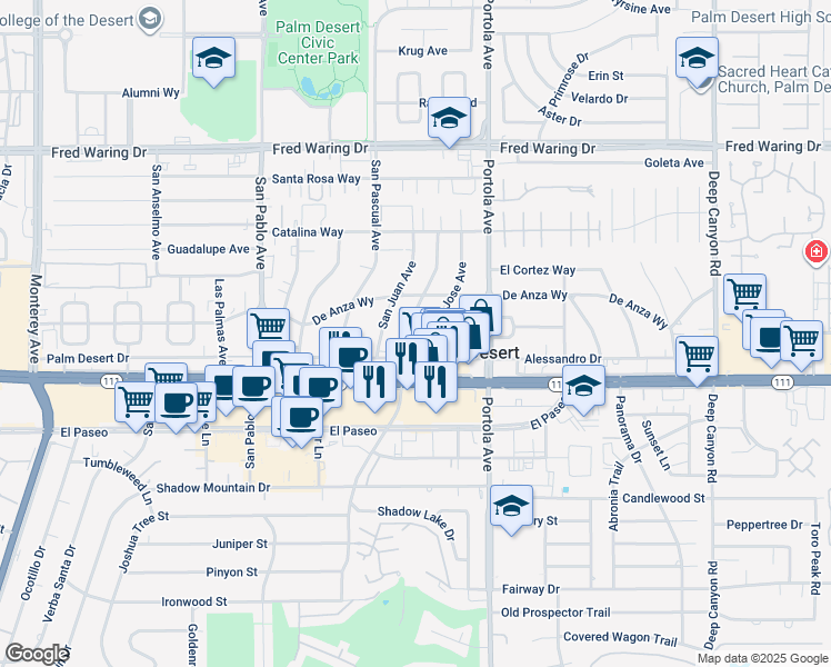 map of restaurants, bars, coffee shops, grocery stores, and more near 44806 San Luis Rey Avenue in Palm Desert