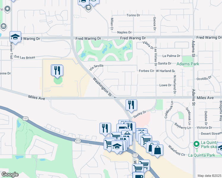 map of restaurants, bars, coffee shops, grocery stores, and more near 78365 Vía Tuscan in La Quinta