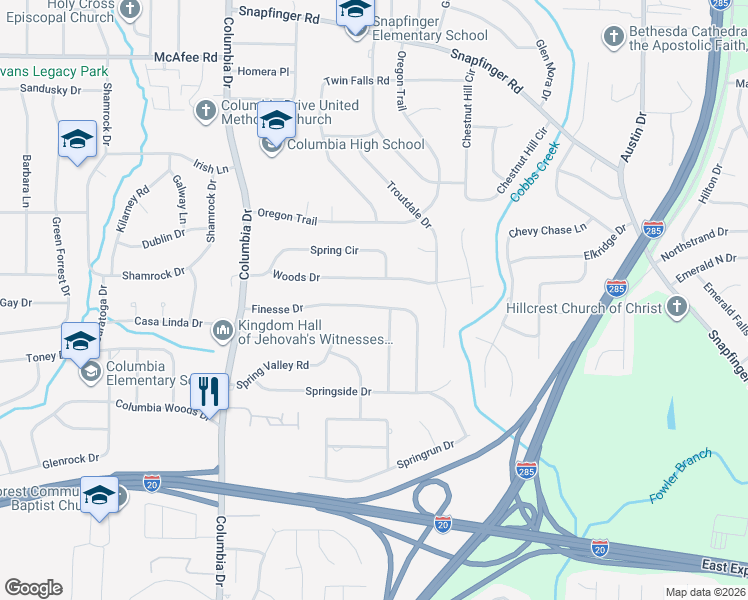 map of restaurants, bars, coffee shops, grocery stores, and more near 3520 Finesse Drive in Decatur