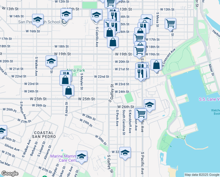 map of restaurants, bars, coffee shops, grocery stores, and more near 2325 South Gaffey Street in Los Angeles