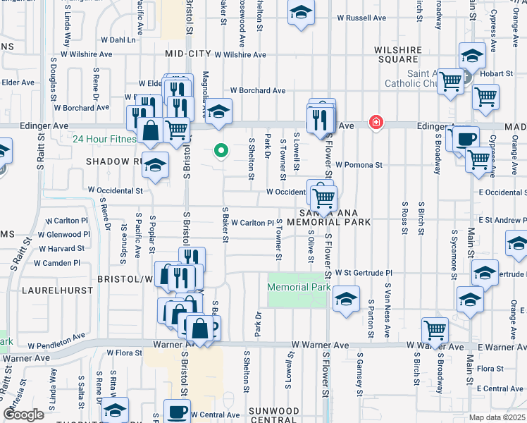 map of restaurants, bars, coffee shops, grocery stores, and more near 1038 West Saint Andrew Place in Santa Ana