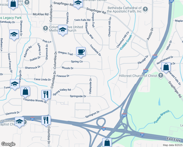 map of restaurants, bars, coffee shops, grocery stores, and more near 3556 Finesse Drive in Decatur