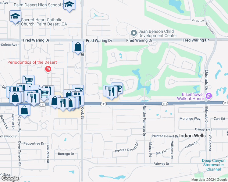 map of restaurants, bars, coffee shops, grocery stores, and more near 75270 Inverness Drive in Indian Wells