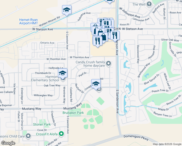 map of restaurants, bars, coffee shops, grocery stores, and more near 1458 Fallbrook Avenue in Hemet