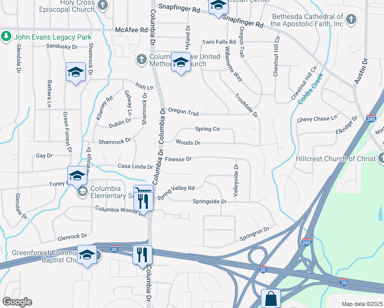 map of restaurants, bars, coffee shops, grocery stores, and more near 3446 Finesse Drive in Decatur