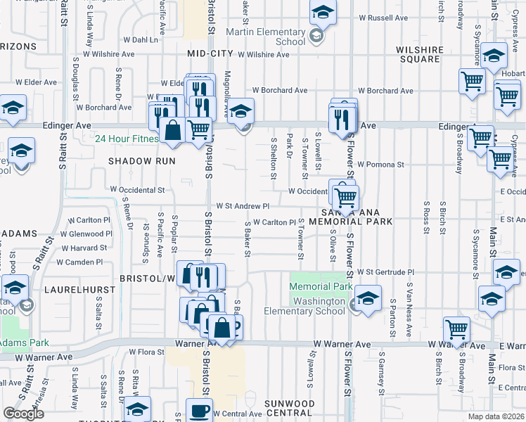 map of restaurants, bars, coffee shops, grocery stores, and more near 1118 West Saint Andrew Place in Santa Ana
