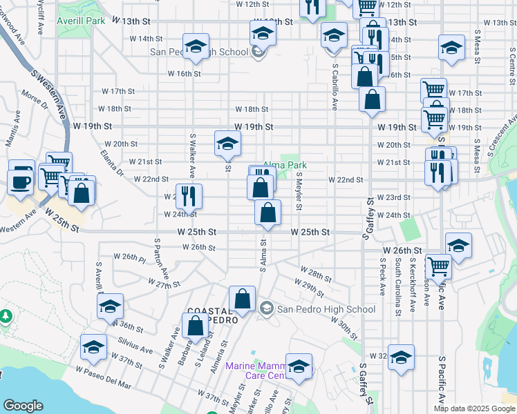 map of restaurants, bars, coffee shops, grocery stores, and more near 2325 South Alma Street in Los Angeles