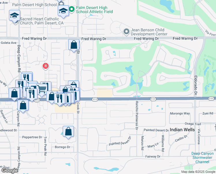 map of restaurants, bars, coffee shops, grocery stores, and more near 75260 Inverness Drive in Indian Wells