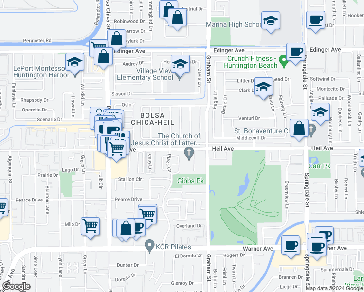 map of restaurants, bars, coffee shops, grocery stores, and more near 5351 Heil Avenue in Huntington Beach
