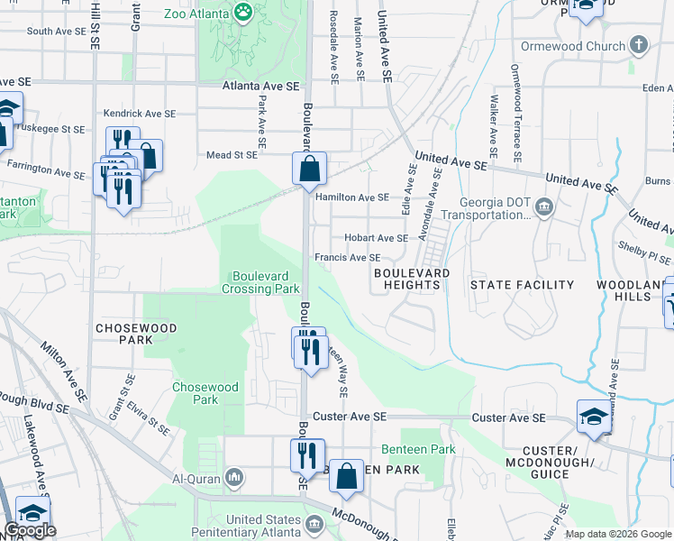 map of restaurants, bars, coffee shops, grocery stores, and more near 1168 Benteen Avenue Southeast in Atlanta