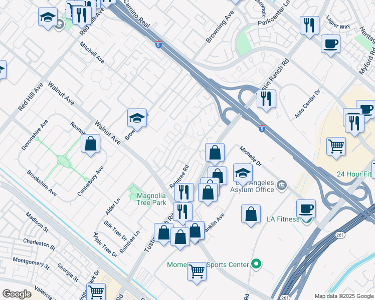 map of restaurants, bars, coffee shops, grocery stores, and more near 14252 Morning Glory Road in Tustin