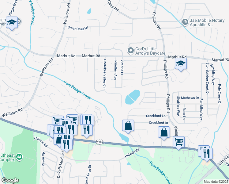 map of restaurants, bars, coffee shops, grocery stores, and more near 2247 Cherokee Valley Drive in Lithonia