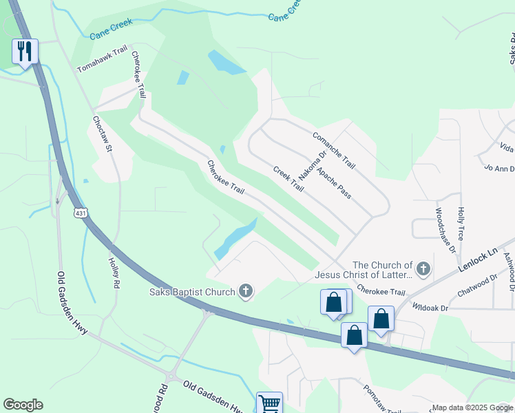 map of restaurants, bars, coffee shops, grocery stores, and more near 824 Cherokee Trail in Anniston
