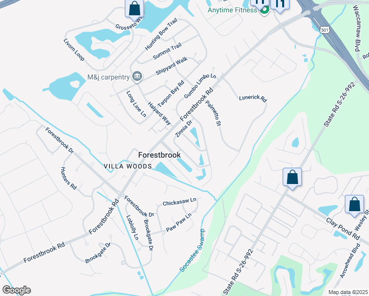 map of restaurants, bars, coffee shops, grocery stores, and more near 165 Zinnia Drive in Myrtle Beach