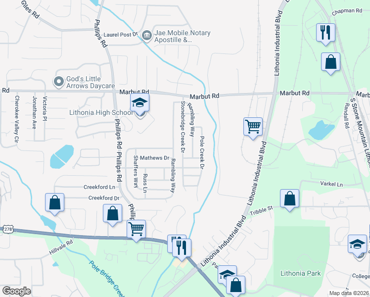 map of restaurants, bars, coffee shops, grocery stores, and more near 3028 Stonebridge Creek Drive in Lithonia