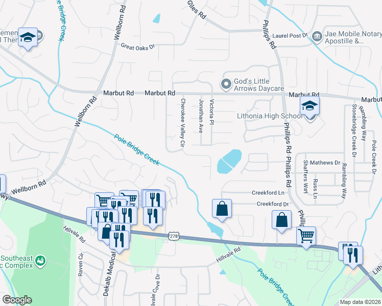 map of restaurants, bars, coffee shops, grocery stores, and more near 2247 Cherokee Valley Drive in Lithonia