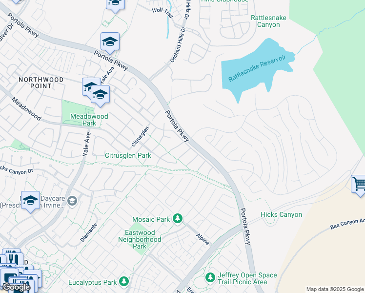 map of restaurants, bars, coffee shops, grocery stores, and more near 14 Azalea in Irvine