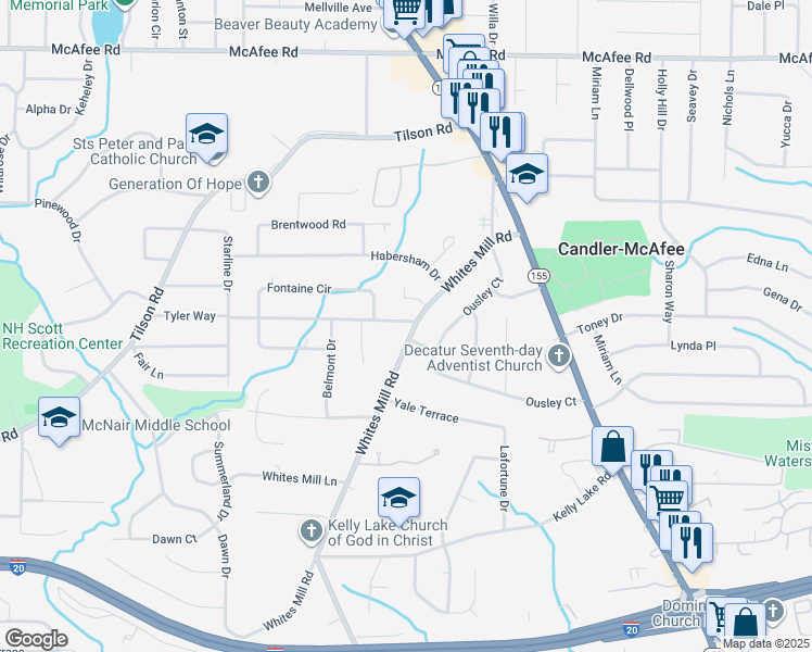map of restaurants, bars, coffee shops, grocery stores, and more near 2195 Whites Mill Road in Decatur