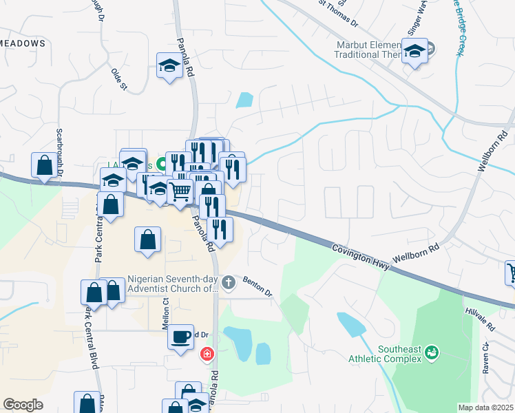 map of restaurants, bars, coffee shops, grocery stores, and more near 5532 Donerail Street in Lithonia