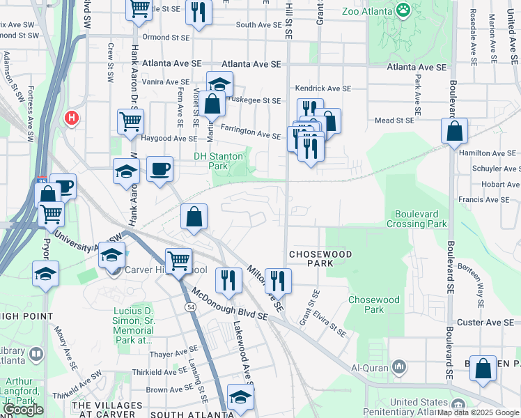 map of restaurants, bars, coffee shops, grocery stores, and more near 1195 Milton Terrace Southeast in Atlanta