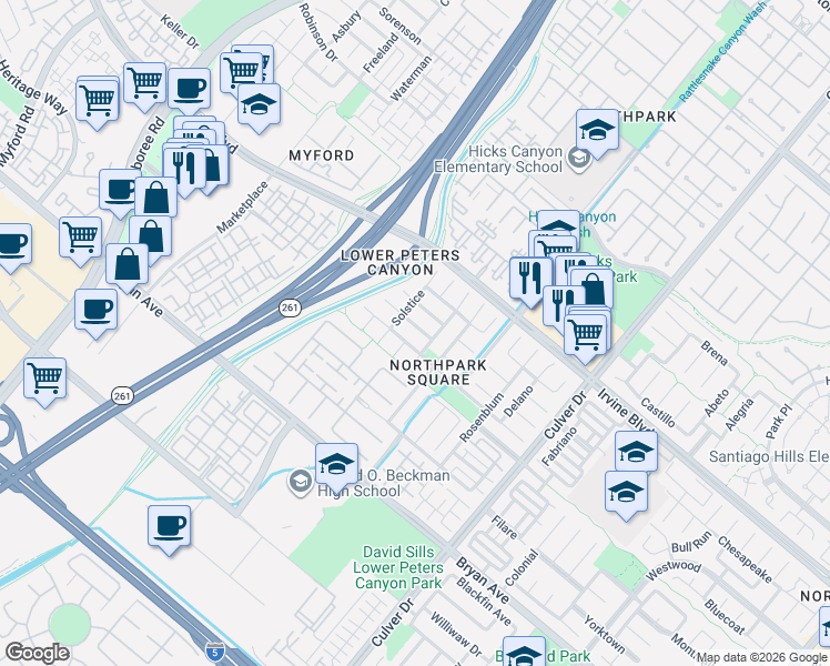 map of restaurants, bars, coffee shops, grocery stores, and more near 55 Pacific Crest in Irvine