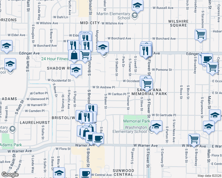map of restaurants, bars, coffee shops, grocery stores, and more near 1118 West Saint Andrew Place in Santa Ana