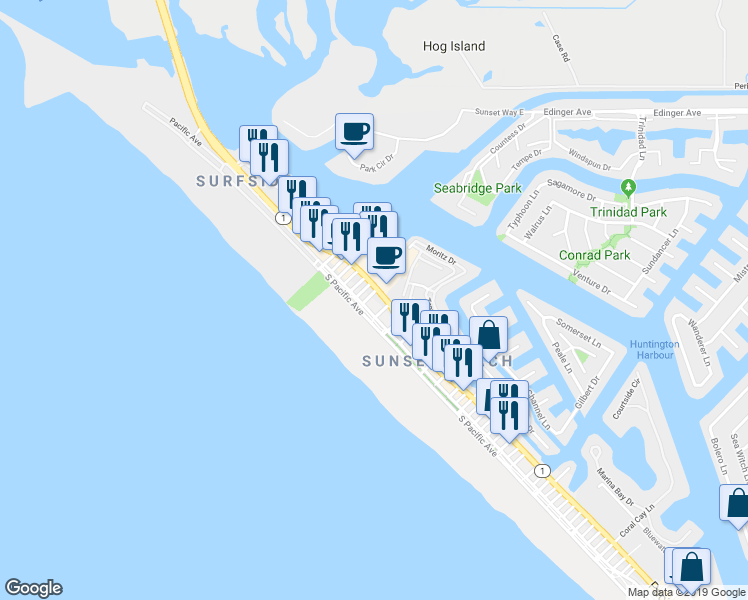 map of restaurants, bars, coffee shops, grocery stores, and more near 16471 24th Street in Huntington Beach