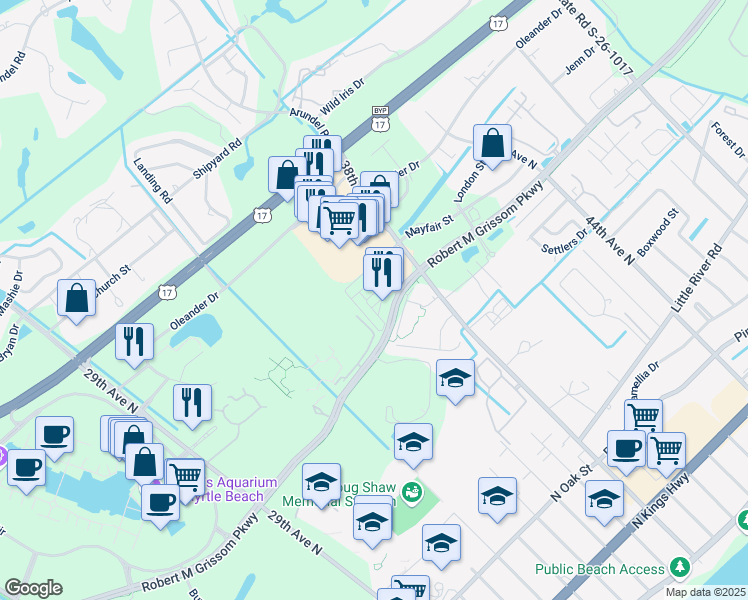 map of restaurants, bars, coffee shops, grocery stores, and more near 3533 Alexandria Avenue in Myrtle Beach