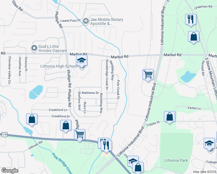 map of restaurants, bars, coffee shops, grocery stores, and more near 3028 Stonebridge Creek Drive in Lithonia