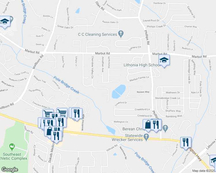 map of restaurants, bars, coffee shops, grocery stores, and more near 2289 Cherokee Valley Drive in Lithonia