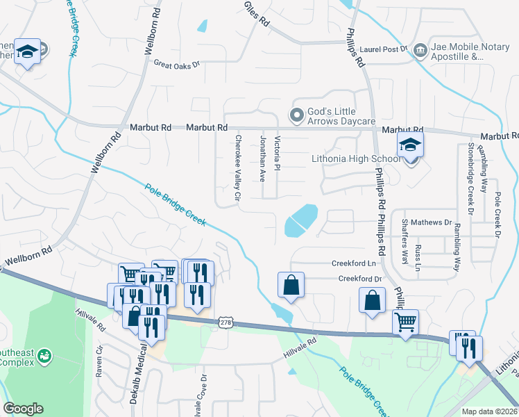 map of restaurants, bars, coffee shops, grocery stores, and more near 2247 Cherokee Valley Drive in Lithonia