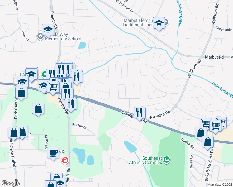 map of restaurants, bars, coffee shops, grocery stores, and more near 5647 Strathmoor Manor Circle in Lithonia