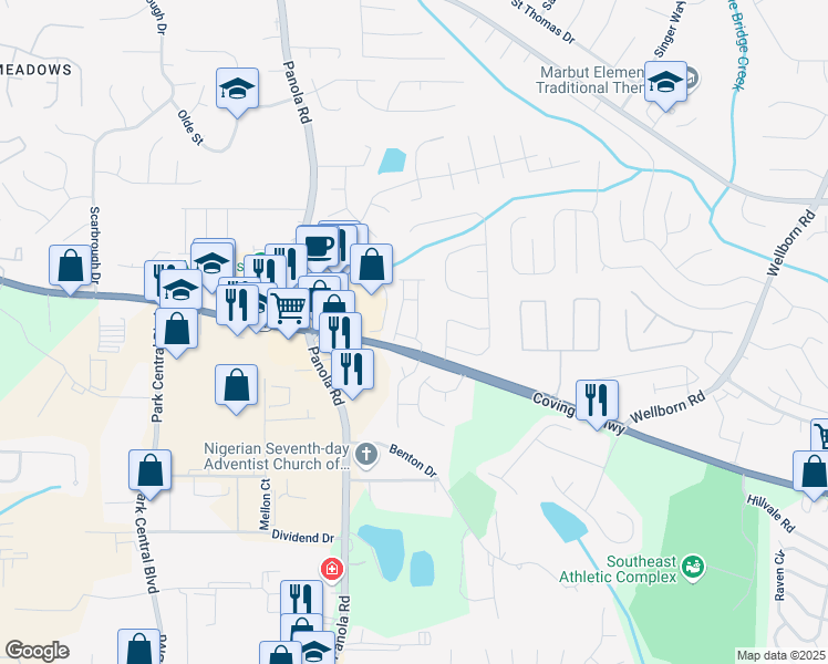 map of restaurants, bars, coffee shops, grocery stores, and more near 5532 Donerail Street in Lithonia