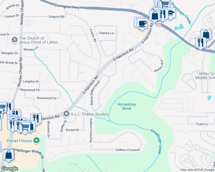 map of restaurants, bars, coffee shops, grocery stores, and more near 4606 Galleon Crossing in Decatur