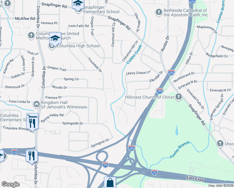 map of restaurants, bars, coffee shops, grocery stores, and more near 3635 Cobb Creek Circle in Decatur