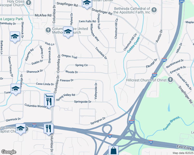 map of restaurants, bars, coffee shops, grocery stores, and more near 3556 Finesse Drive in Decatur