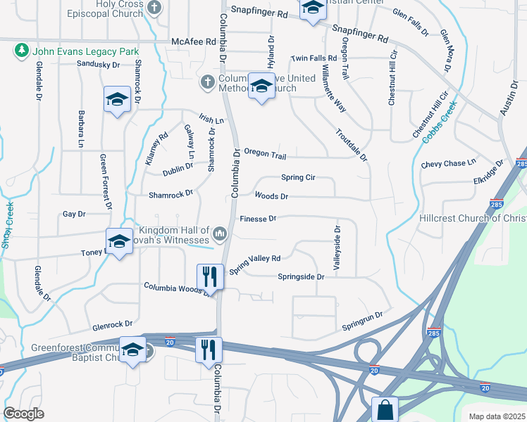 map of restaurants, bars, coffee shops, grocery stores, and more near 3446 Finesse Drive in Decatur