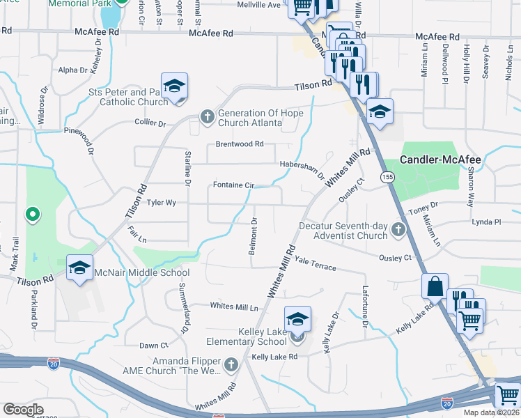map of restaurants, bars, coffee shops, grocery stores, and more near 2283 Belmont Drive in Decatur