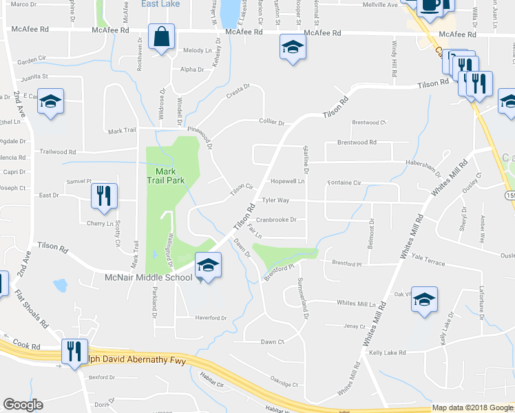 map of restaurants, bars, coffee shops, grocery stores, and more near in Candler-McAfee