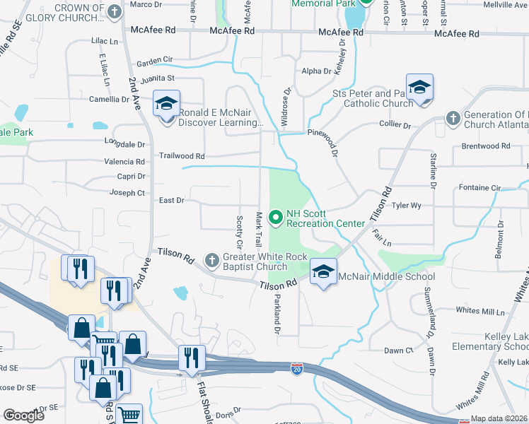 map of restaurants, bars, coffee shops, grocery stores, and more near 2282 Mark Trail in Decatur