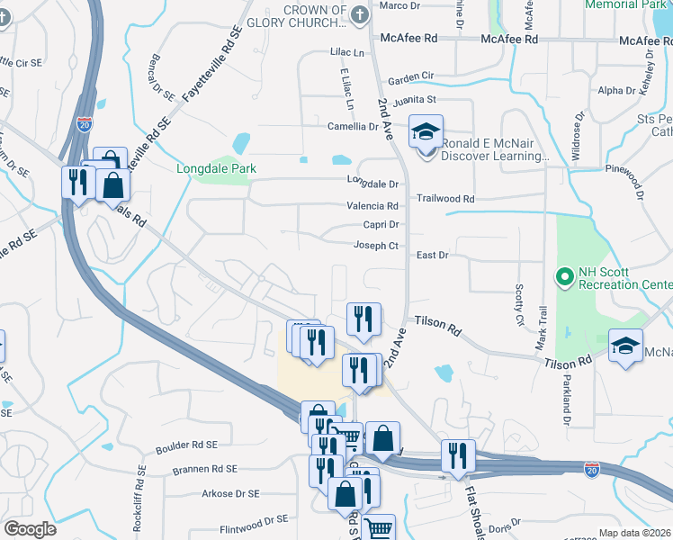 map of restaurants, bars, coffee shops, grocery stores, and more near 1993 Shawn Wayne Circle Southeast in Atlanta
